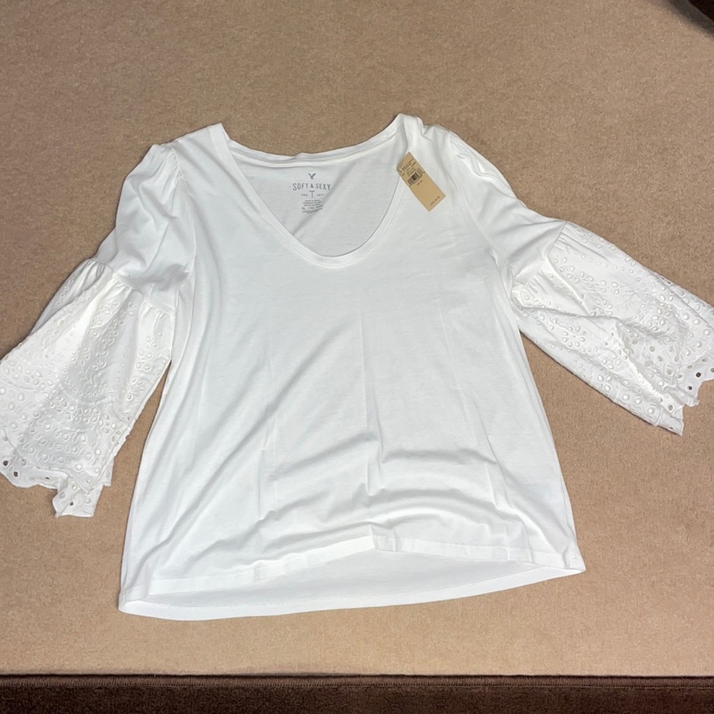 American Eagle Outfitters White Eyelet Bell Sleeve Long Sleeve Tee